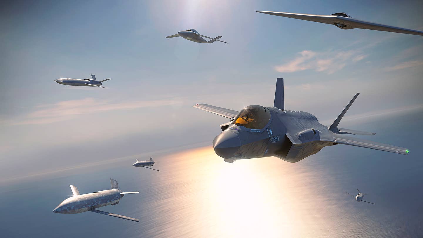 A depiction of an F-35A Joint Strike Fighter flying together with various different drone designs as part of a distributed manned-unmanned team.