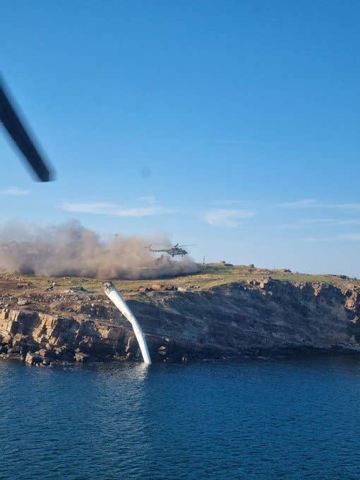 Russian video shows damage to Snake Island just before the evacuation. (Russian Ministry of Defense photo.)