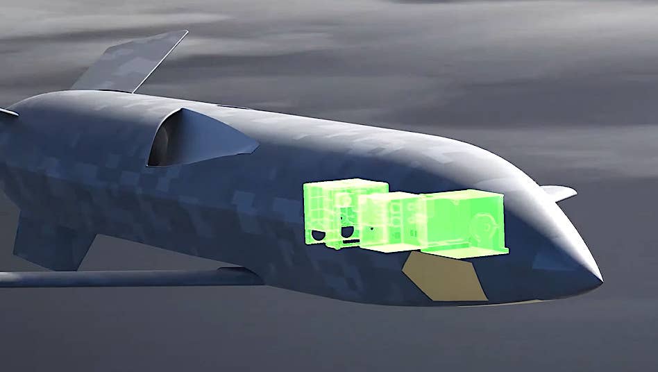 A screengrab from the video Skunk Works released today shows notional payloads inside the front end of a CMMT drone. Antennas or RF-transparent apertures or glazed low-observable 'windows' for electro-optics are shown on the side and bottom of the forward fuselage. <em>Lockheed Martin Skunk Works capture</em>