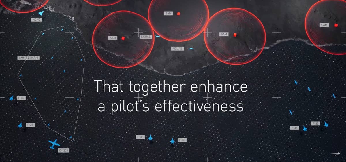 A screengrab from the video that Skunk Works released yesterday depicts a battlespace full of different manned and unmanned platforms working together in a distributed manner. <em>Lockheed Martin Skunk Works capture</em>