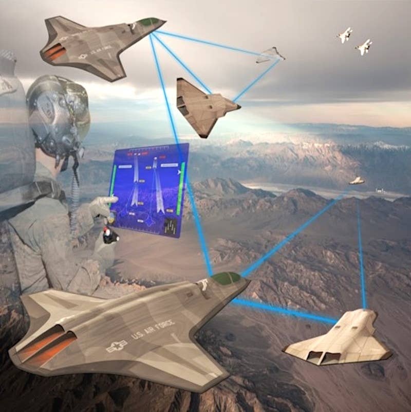 A visual depiction of the most established loyal wingman construct, with unmanned systems more rigidly tethered to manned platforms. <em>USAF</em>