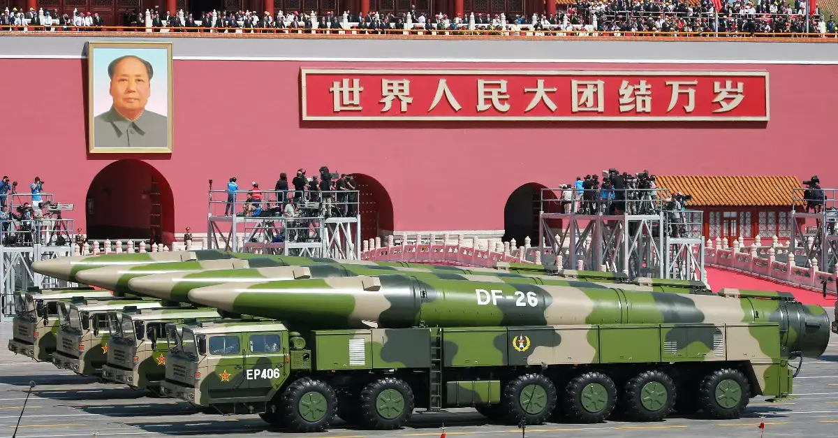 Chinese DF-26 intermediate-range ballistic missiles on parade. The DF-26B version has a maneuvring warhead for the ABM role.&nbsp;<em>Imaginechina via AP</em>