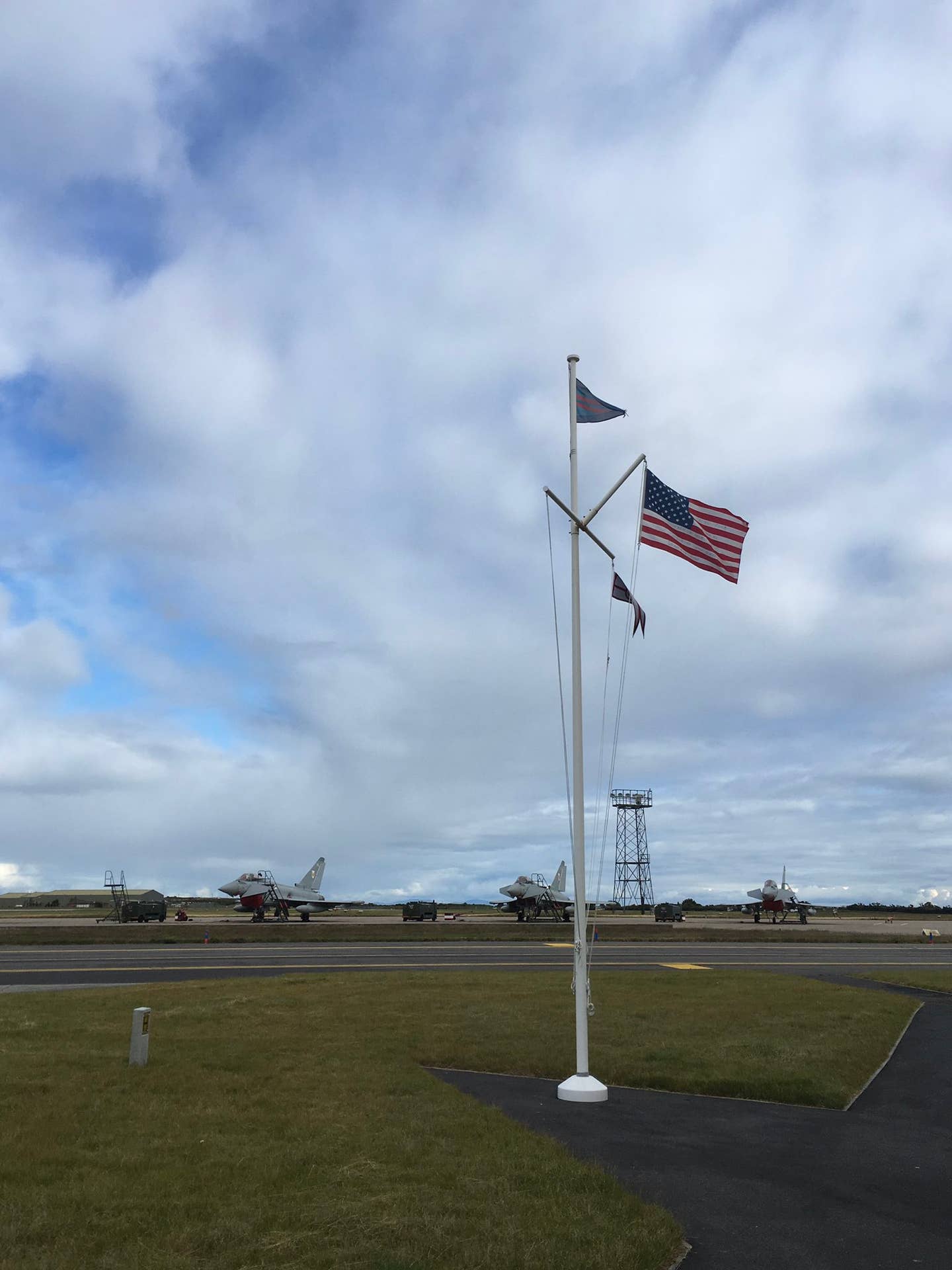 The rare sight of an American flag flying over RAF Lossiemouth airbase, on May 4, in honor of Robin Olds. According to Mike Sutton, an irate Warrant Officer quickly demanded the flag be taken down. <em>Mike Sutton</em>