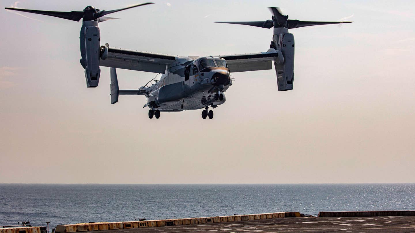 A CMV-22B Osprey, attached to the Blackjacks of Air Test and Evaluation Squadron Two One (HX-21), lands on the flight deck aboard the amphibious transport dock ship USS New York (LPD 21), July 18, 2020. (U.S. Navy photo by Mass Communication Specialist 2nd Class Lyle Wilkie/Released)