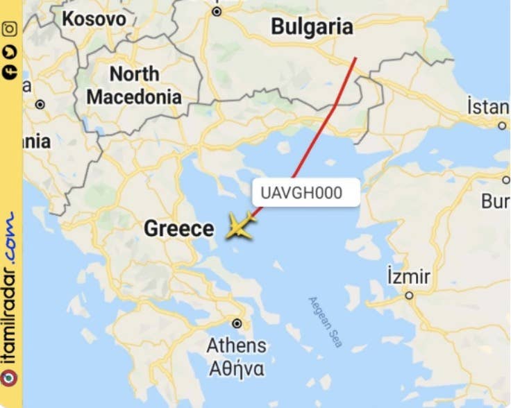 The trajectory of an RQ-4D NATO drone after conducting a 14-hour mission operating over the Black Sea on April 19, 2022. <em>Source: @italmilraddar.</em>