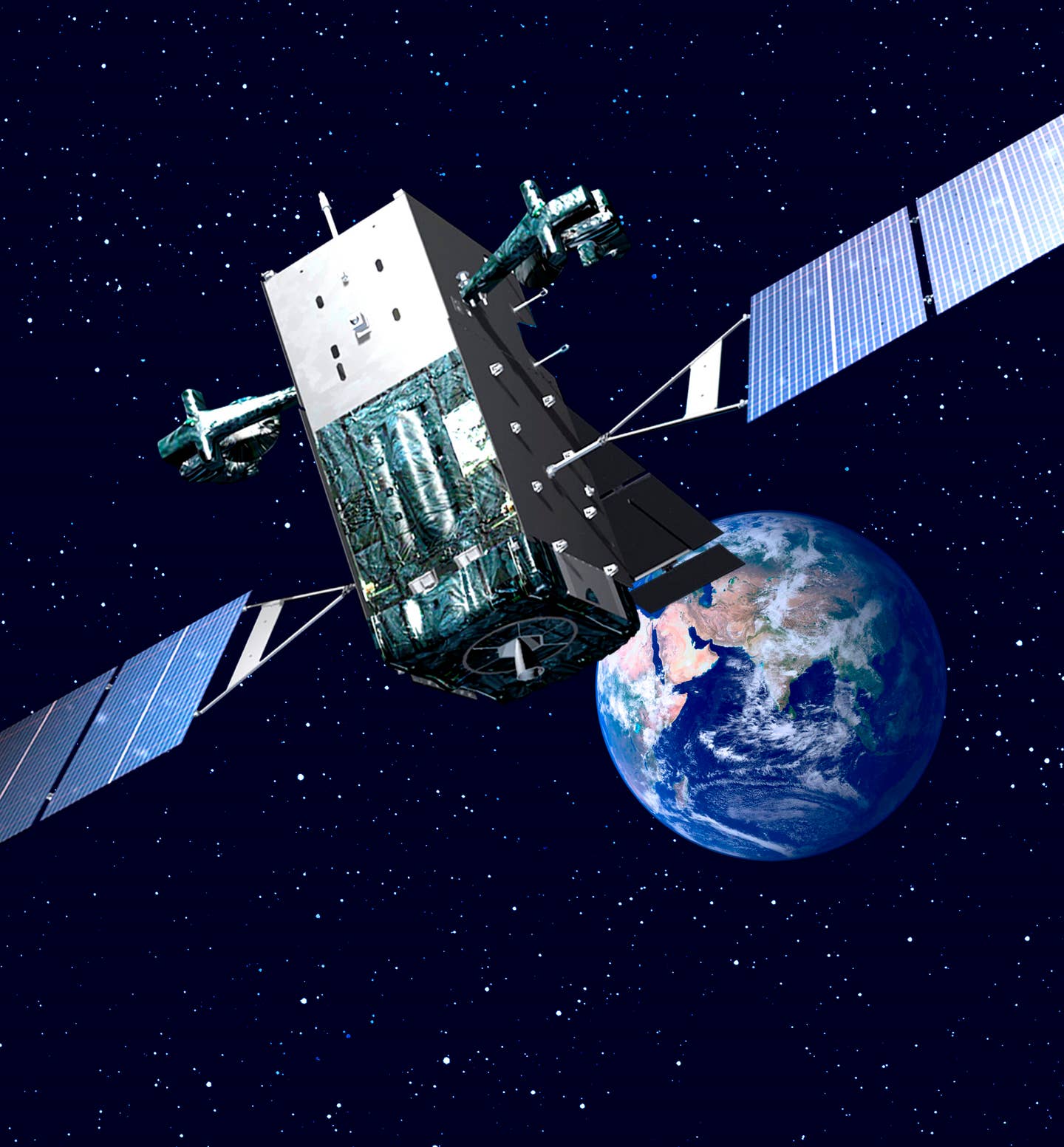 The new Tranche 1 Tracking Layer satellites will augment larger systems, like the SBIRS Missile Warning Satellite. (Lockheed Martin image)