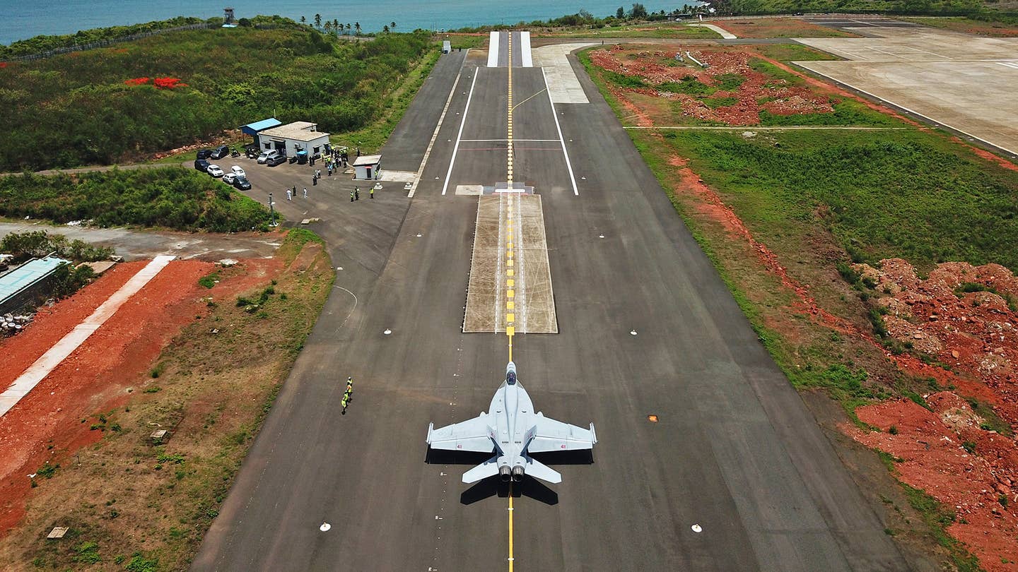 Boeing’s F/A-18 Super Hornet undergoing operational demonstration tests at Indian Naval Station Hansa in Goa, India. <em>Indian Navy</em>