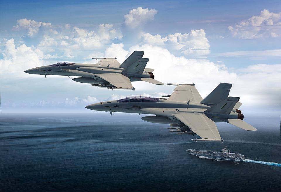 Rendering of two Super Hornets flying above an aircraft carrier. <em>Boeing</em>