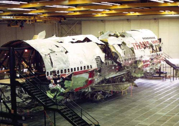 A photograph of the right side of the large three-dimensional reconstruction of flight TWA 800. <em>Credit: National Transportation Safety Board accident report</em>