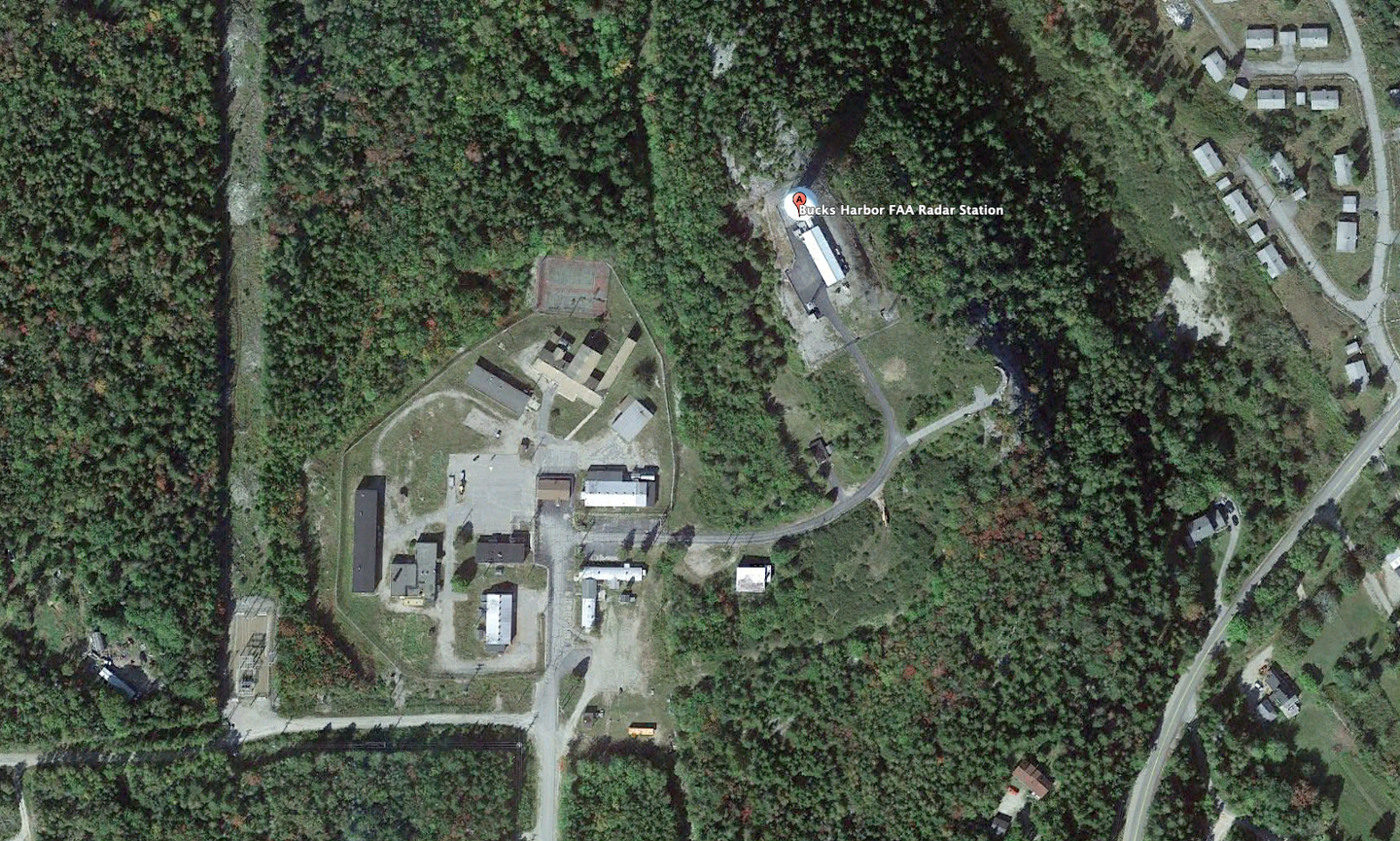 An aerial view of the Bucks Harbor radar station in Maine. <em>Google Earth</em>