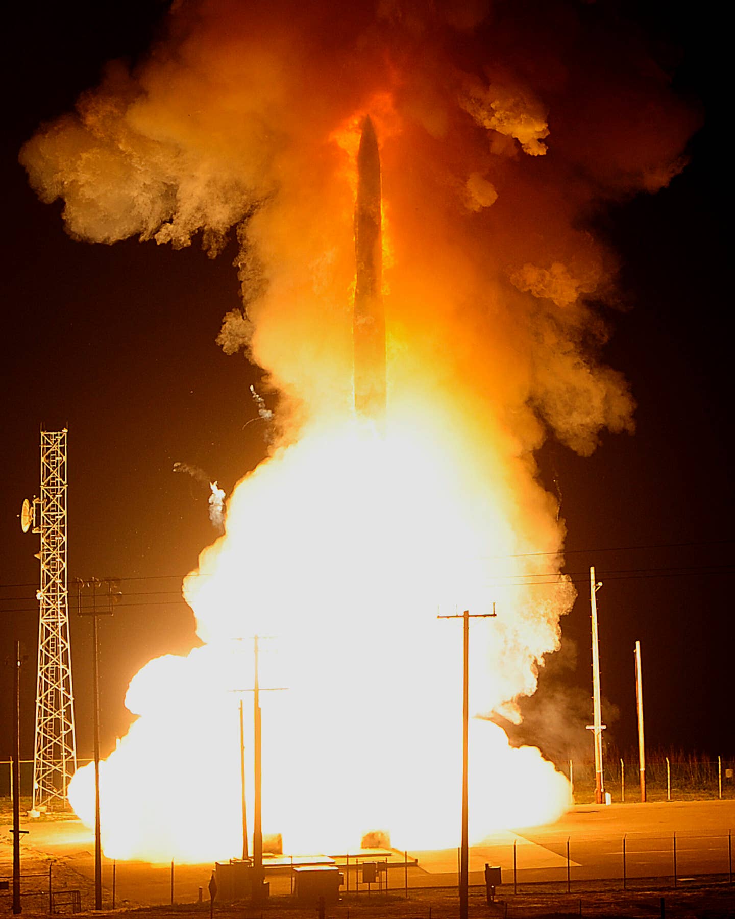 An unarmed Minuteman III ICBM shoots out of the silo during an operational test launch at Vandenberg Air Force Base, California. <em>U.S. Air Force photo courtesy of 30th Space Wing Public Affairs</em><br>