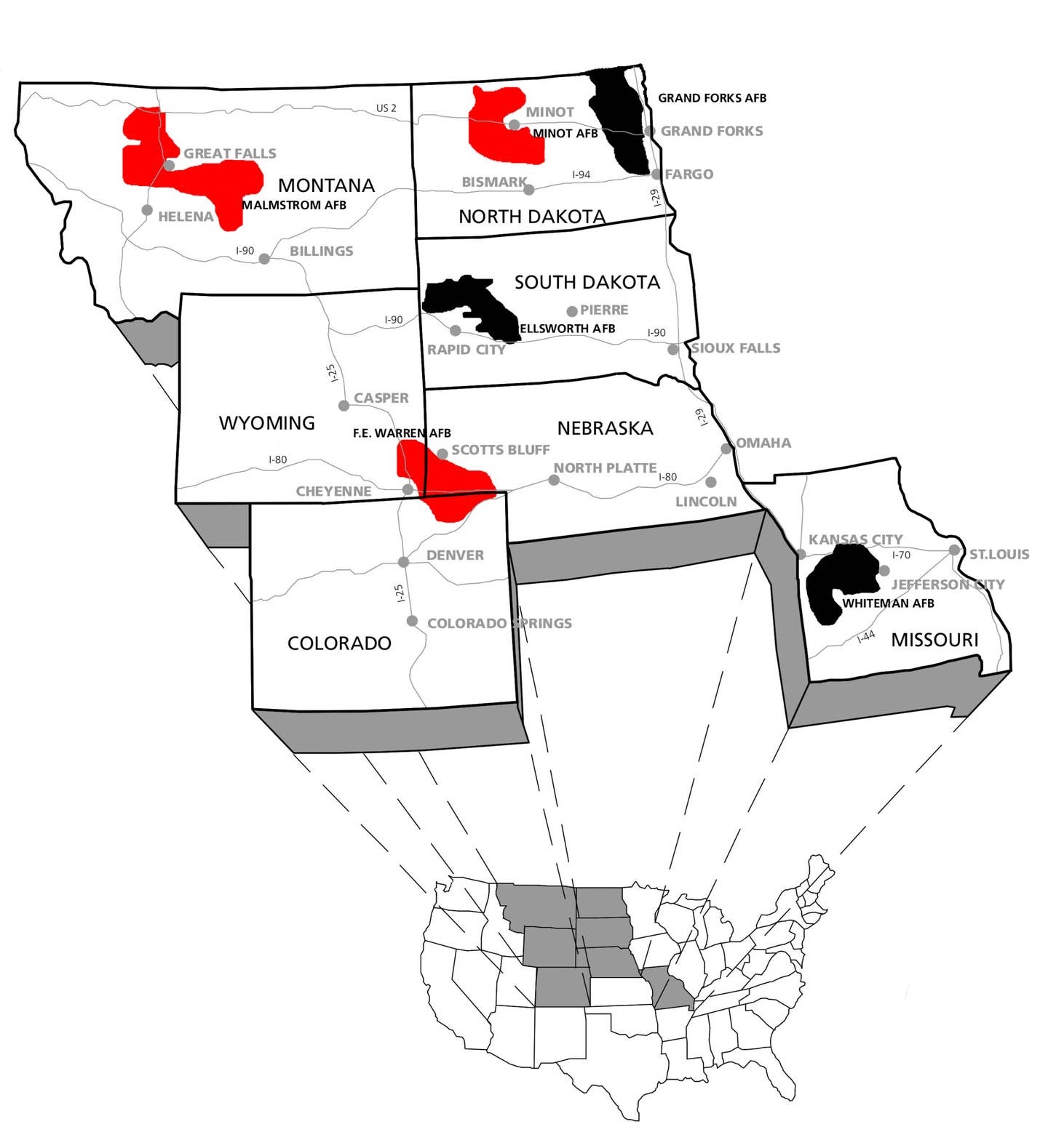 Map showing the areas of the six Minuteman missile wings on the central and northern Great Plains. The areas in black denote deactivated missile wings, the areas in red denote the three remaining active missile wings. <em>National Park Service</em>&nbsp;