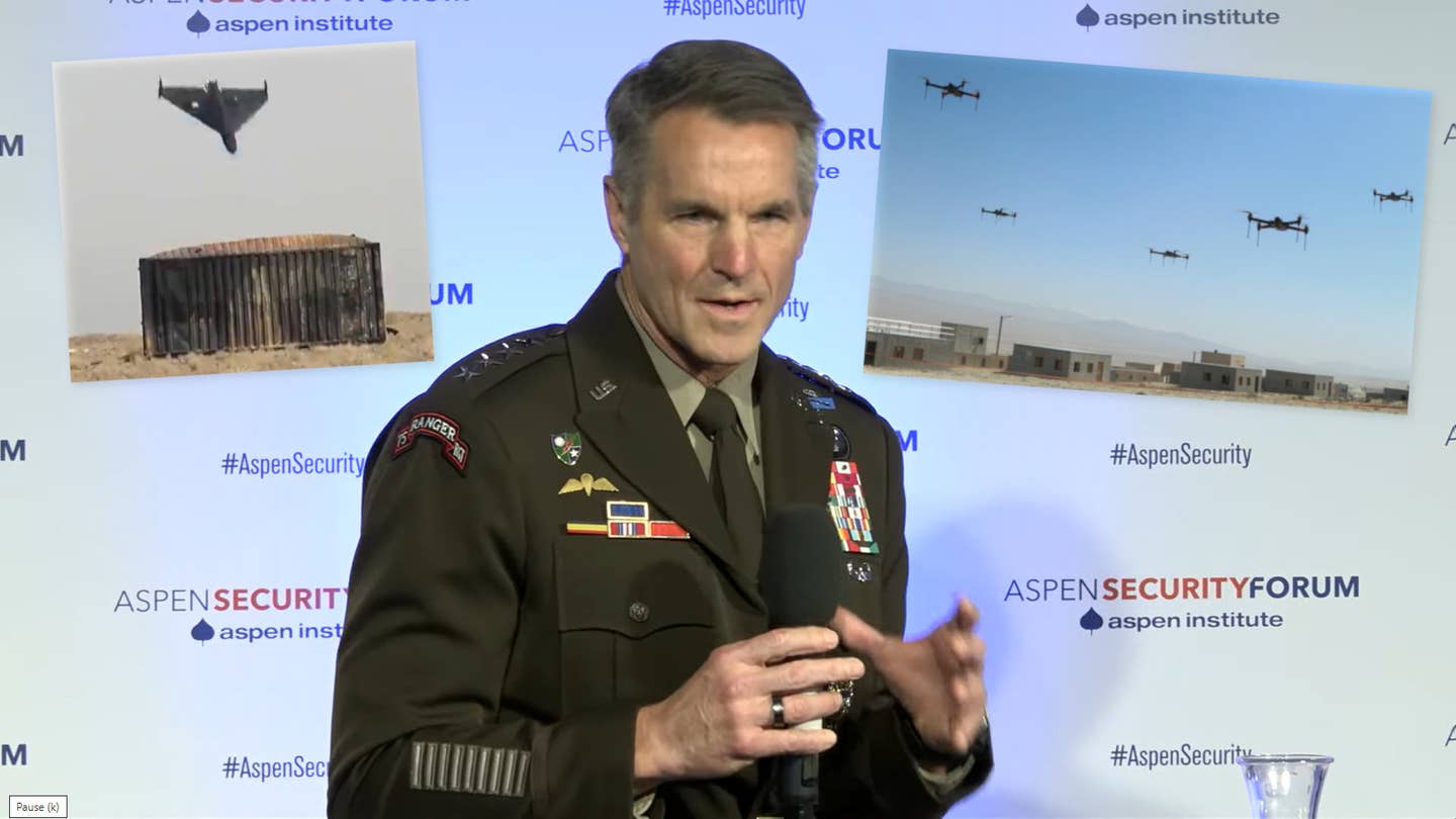 U.S. Army Gen. Richard Clarke, head of U.S. Special Operations Command speaks the 2022 Aspen Security Forum. Insets show examples of existing drone threats.