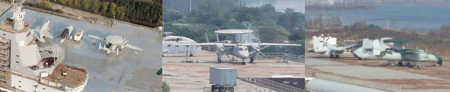 Long before the KJ-600 showed up on the ramp in Xi'an, a mockup of it appeared on China's full-scale carrier replica. <em>Credit: Chinese Internet</em>