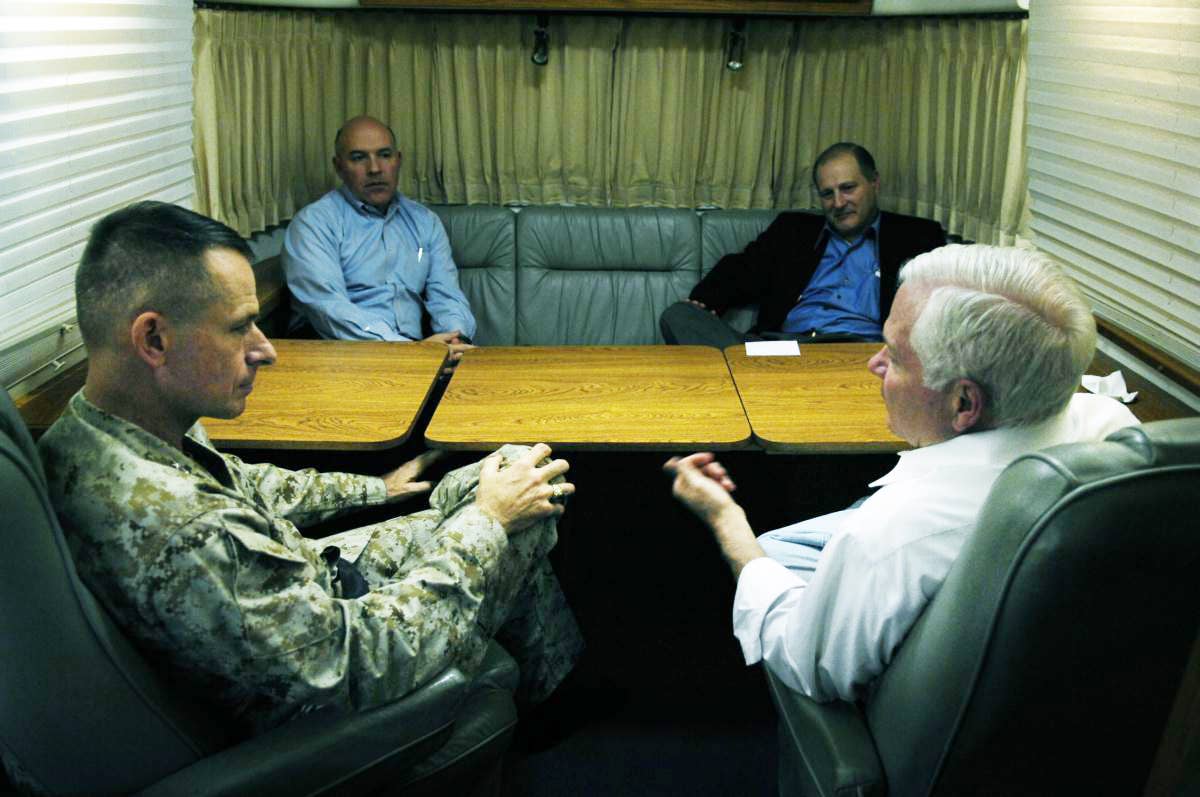 Defense Secretary Robert Gates conducting a meeting in the lounge area of the pod. In total, the Silver Bullet can seat around 10.&nbsp;&nbsp;<em>DoD</em>