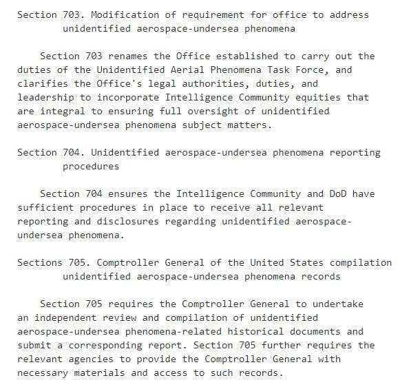 Summaries of the unidentified phenomena-related sections in the current draft of the Senate's Intelligence Authorization Act for the 2023 Fiscal Year. <em>US Congress</em>