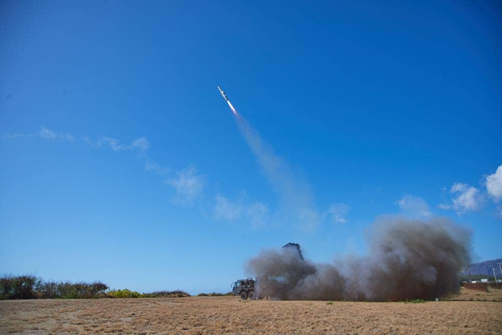 A Japanese Ground Self-Defense Force Type 12 Surface to Ship Missile System fires as part of a sinking exercise (SINKEX) during Rim of the Pacific (RIMPAC) 2022.<em> Credit: U.S. Navy</em>