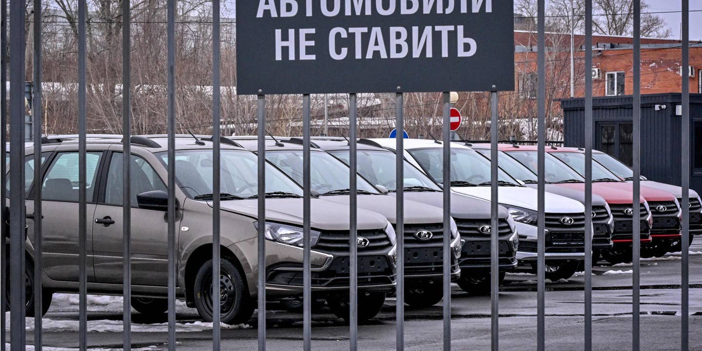 Lada cars waiting in a car park after sanctions