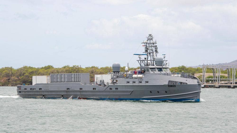 The large unmanned surface vessel <em>Ranger</em> arrives at Pearl Harbor to participate in Rim of the Pacific (RIMPAC) 2022. <em>Credit: Mass Communication Specialist 3rd Class Demitrius J. Williams/U.S. Navy</em>