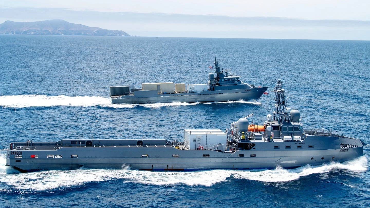 <em>Nomad</em> and <em>Ranger</em> are the two larger USVs that have played a critical role in the U.S. Navy's Ghost Fleet Overlord program. They continue to be used for testing relevant future unmanned surface combatant technologies. <em>US Navy image. </em>