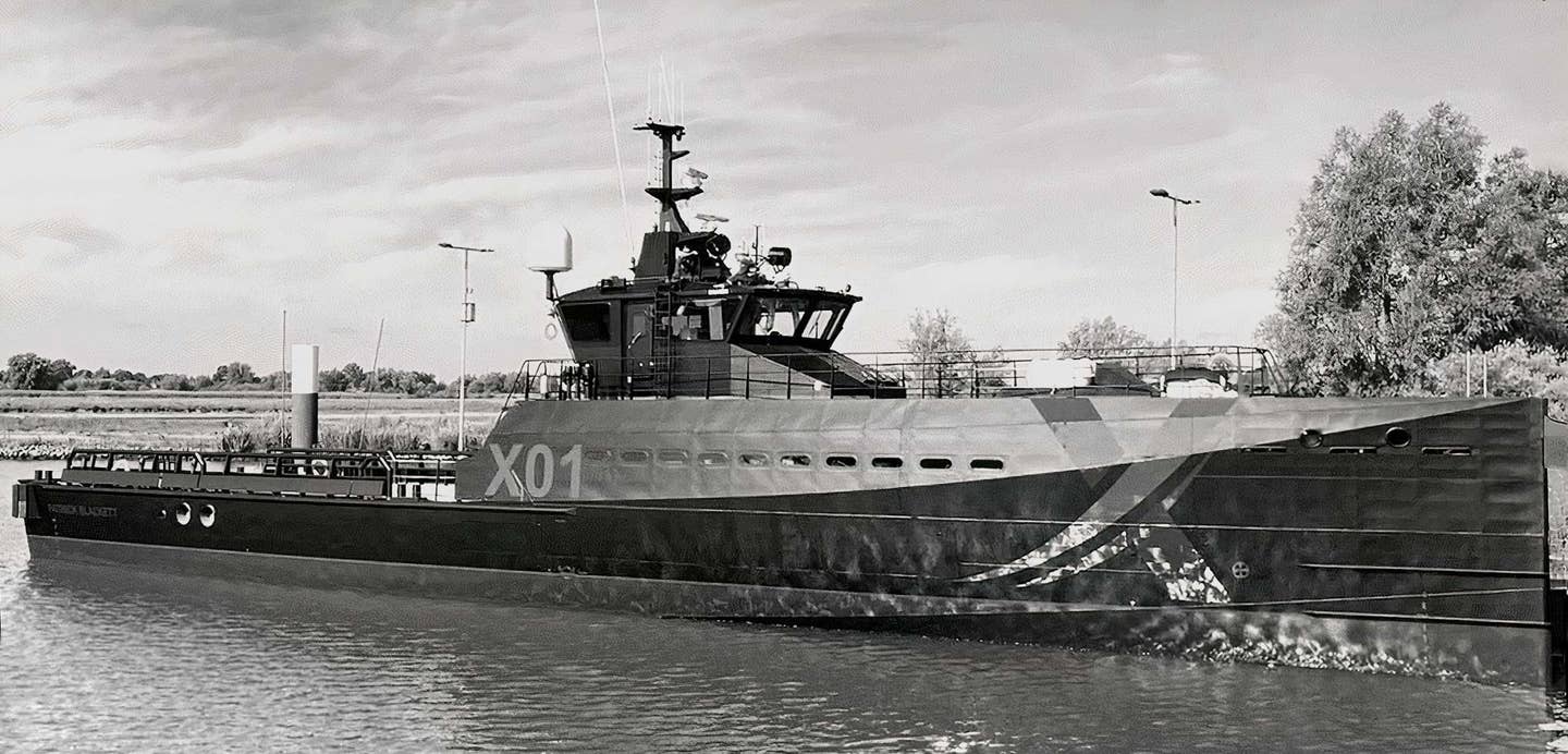 The XV <em>Patrick Blackett</em> pictured in Gorinchem, the Netherlands, before being delivered to the Royal Navy. <em>NavyX.</em>