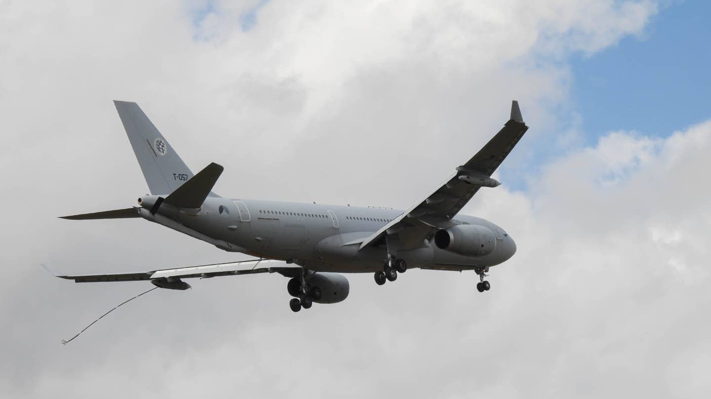 A NATO Airbus A330 Multi-Role Tanker Transport jet, returning from a refueling mission, was unable to retract its refueling hose and had to make an emergency landing at Eindhoven Airport. (<a href="https://twitter.com/EHEH_Spotter">@EHEH_Spotter</a> photo)