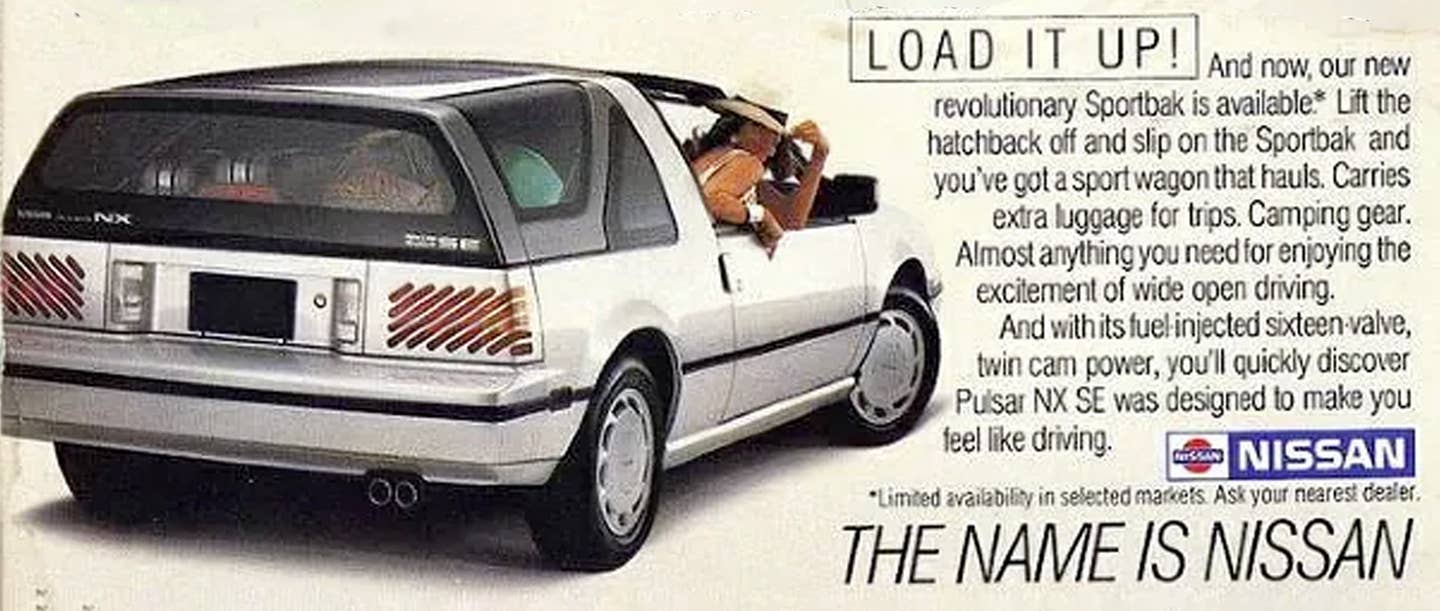 Part of a print ad for the Nissan Pulsar NX Sportbak (late 1980s). This was a weird car, but qualifies as a shooting brake with this wagon-roof fitted. <em>Nissan</em>