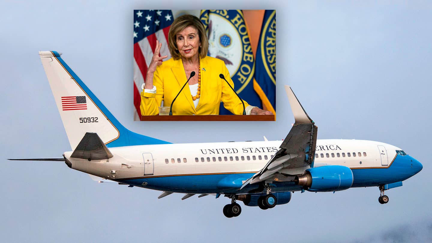 Speaker of the House Nancy Pelosi seen in an inset above a picture of a US Air Force C-40 aircraft.