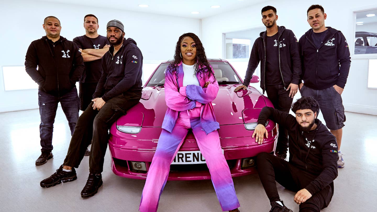 The cast of MTV UK's Pimp My Ride (2022) lean against a customized Mitsubishi 3000GT