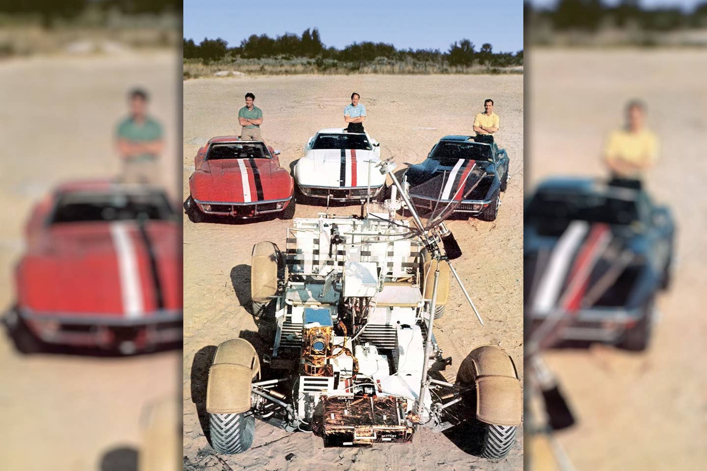 The three Corvettes originally leased to the Apollo 15 crew. Only the white and blue cars are still known to exist, the former of which is now being restored. <em>Project AstroVette Endeavour</em>