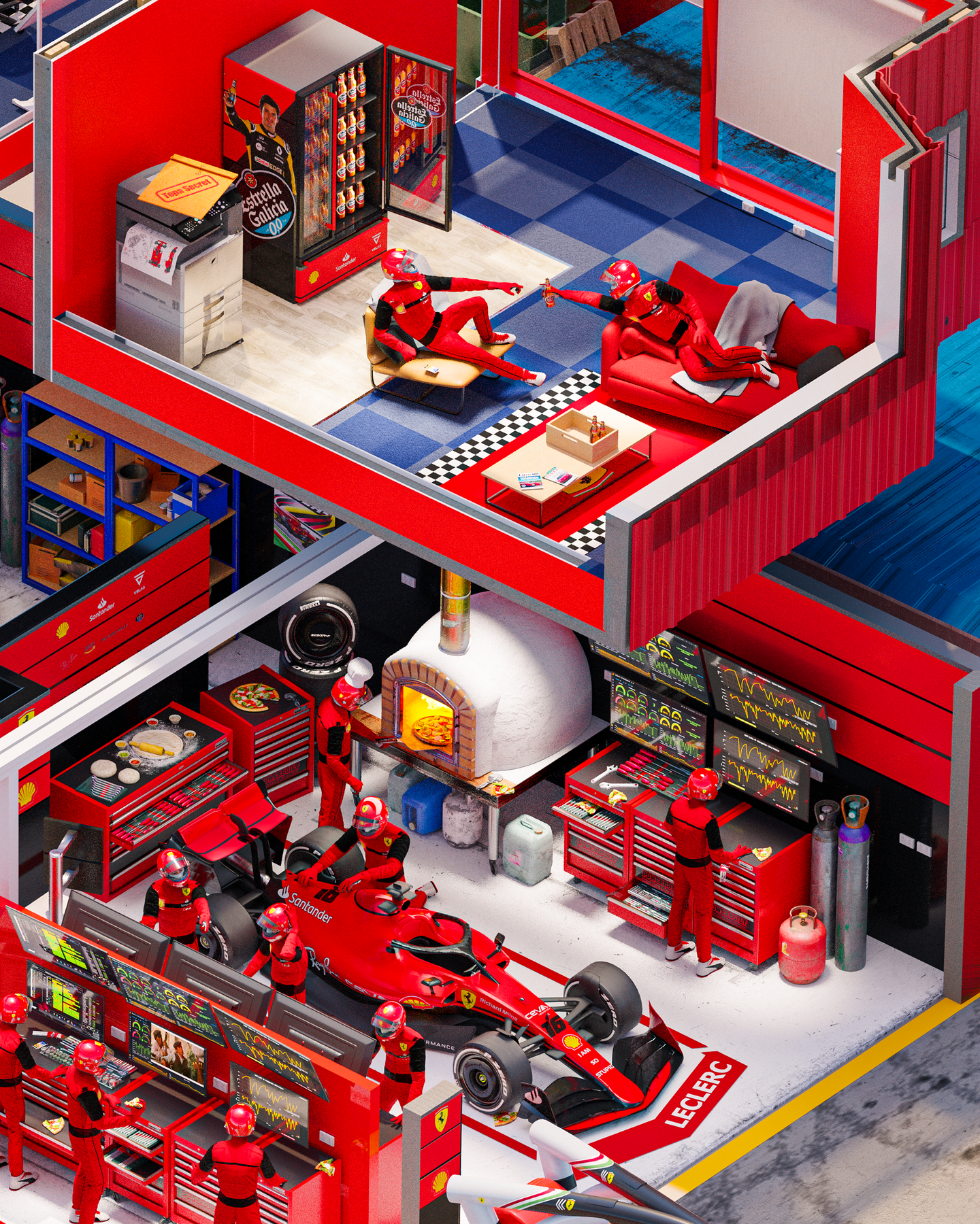 Parody cutaway illustration of the Ferrari Formula 1 garage