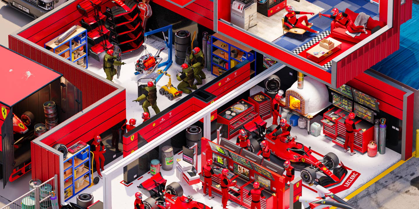 Find All the Easter Eggs in This Hilarious Ferrari F1 Garage Spoof