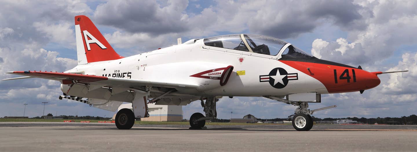 The "VT-9" and "MARINES" markings are visible on the side of the fuselage under the tail in this shot that Scott Stephens took of the modified T-45C in Meridian. <em>Scott Stephens</em>