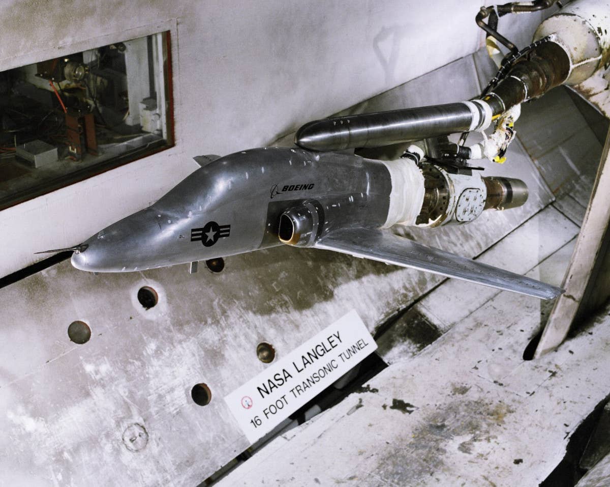 A T-45A inlet performance model, with an unswept inlet design, in a wind tunnel at NASA's Langley Research Center undergoing testing in 1998. <em>NASA</em>