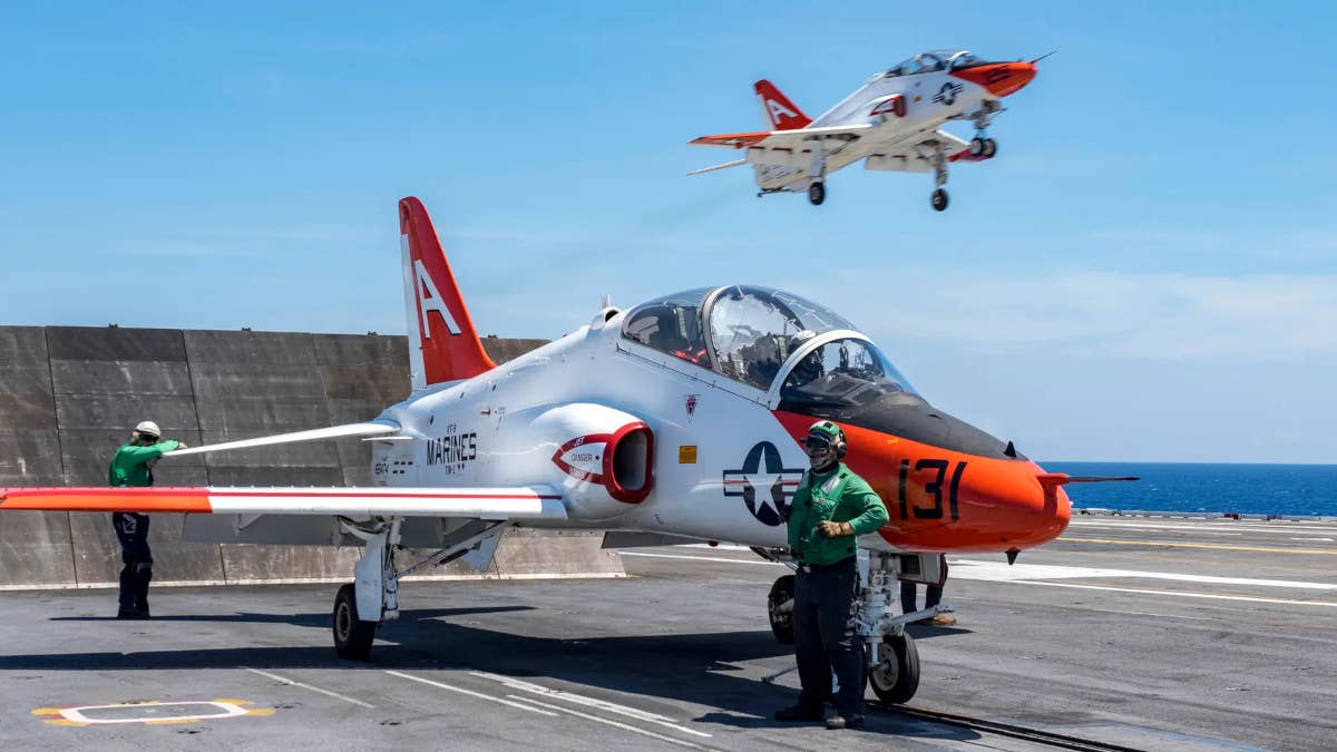 Two T-45s with the standard inlet design are seen here. <em>US Navy</em>