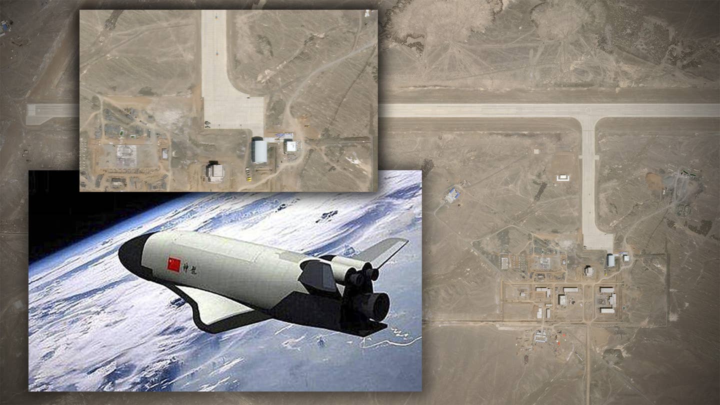 Satellite imagery of an air base near Lop Nor in China that has been associated with the development of a secretive spaceplane, with an inset showing artwork depicting a notional design.