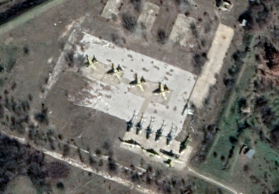 An aerial shot of the Petrovec Airbase in North Macedonia showing four Su-25s taken on February 22, 2022. <em>Credit: Google Earth</em>