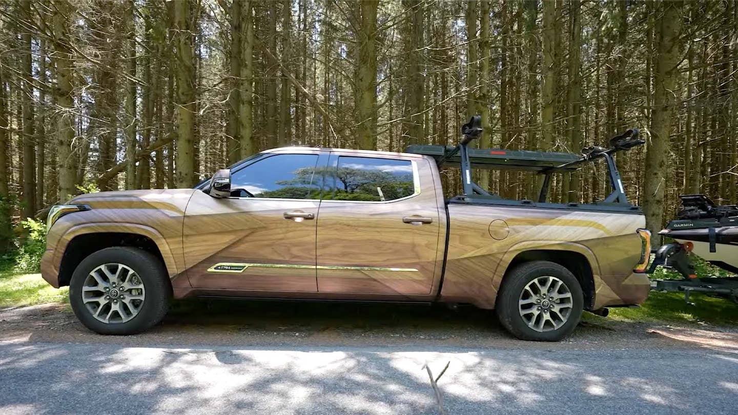Woodgrain 2022 Toyota Tundra Wrapped to Match the Owner’s Bass Boat