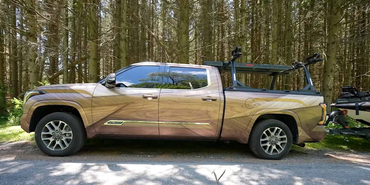 Woodgrain 2022 Toyota Tundra Wrapped to Match the Owner’s Bass Boat