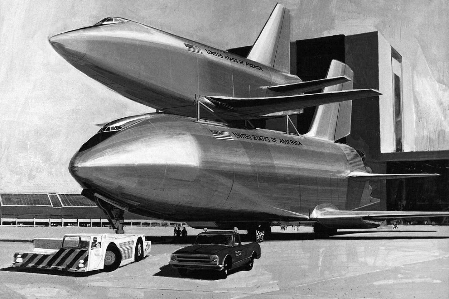 Artistic renders of the early concepts are stunning, and this one even features a period-correct Chevy pickup.<em> NASA</em>