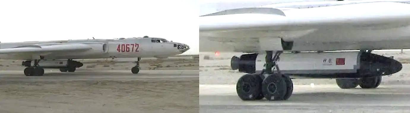Images that emerged in 2007 of a reusable spaceplane prototype, or a related test article, referred to as Shenlong, underneath an H-6 bomber. <em>Chinese internet</em>