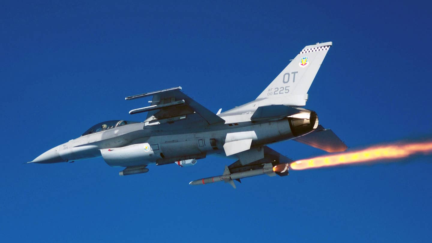 An F-16CJ Viper fighter jet test fires an AGM-88 HARM during a test mission. (USAF photo)
