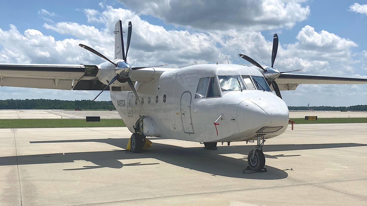 A CASA C-212 aircraft with the civil registration code N497CA at Raleigh-Durham International Airport after a fatal incident on July 29, 2022.