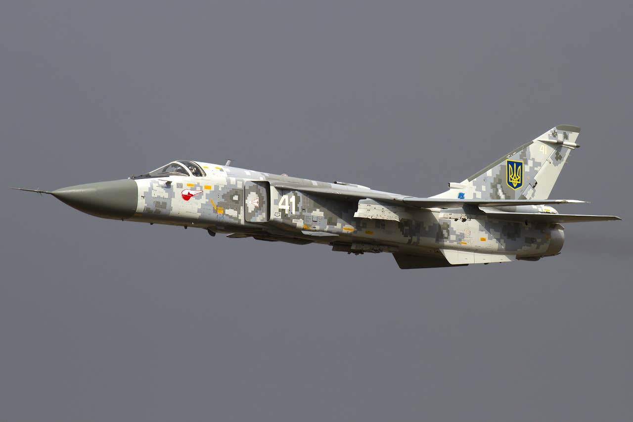 A Ukrainian Air Force Su-24M Fencer at Starokostiantyniv in 2015. The strike aircraft previously had a defense suppression function, using Soviet-era ARMs, although it’s unclear to what degree that capability still exists today. <em>Chris Lofting/Wikimedia Commons</em>