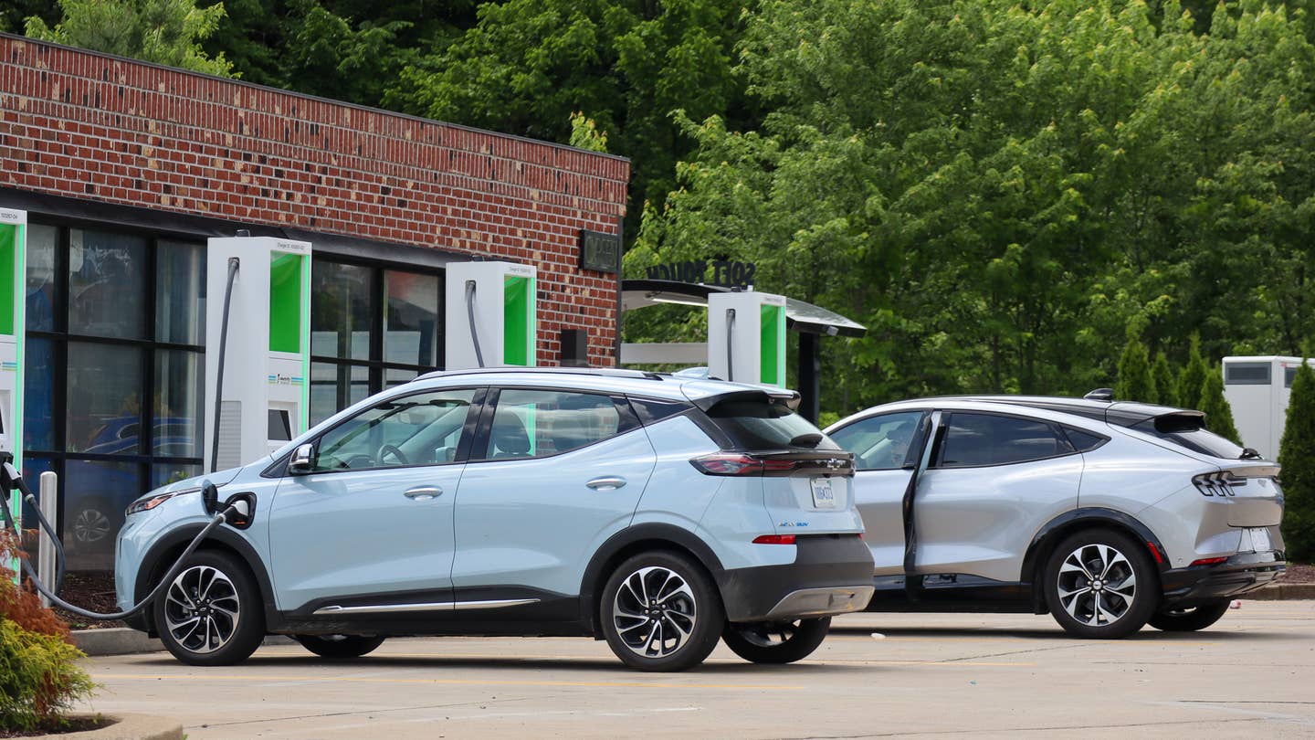 Chevrolet Bolt EUV Charging next to a Mustang Mach-E