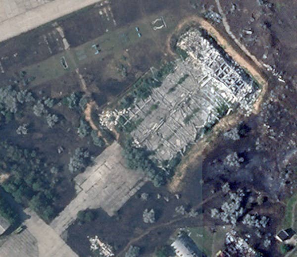 What's left of this hangar at Saki Air Base is unrelated to yesterday's incident. <em>PHOTO © 2022 PLANET LABS INC. ALL RIGHTS RESERVED. REPRINTED BY PERMISSION</em>