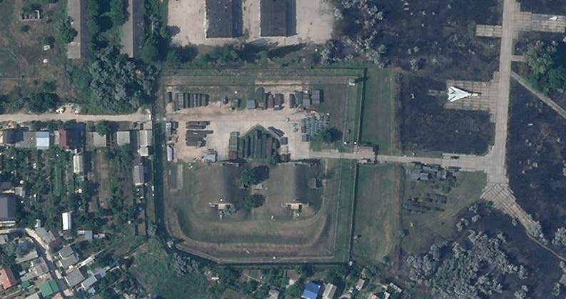 What looks to be Saki Air Base's main munitions storage facility, apparently untouched by the blasts. <em>PHOTO © 2022 PLANET LABS INC. ALL RIGHTS RESERVED. REPRINTED BY PERMISSION</em>