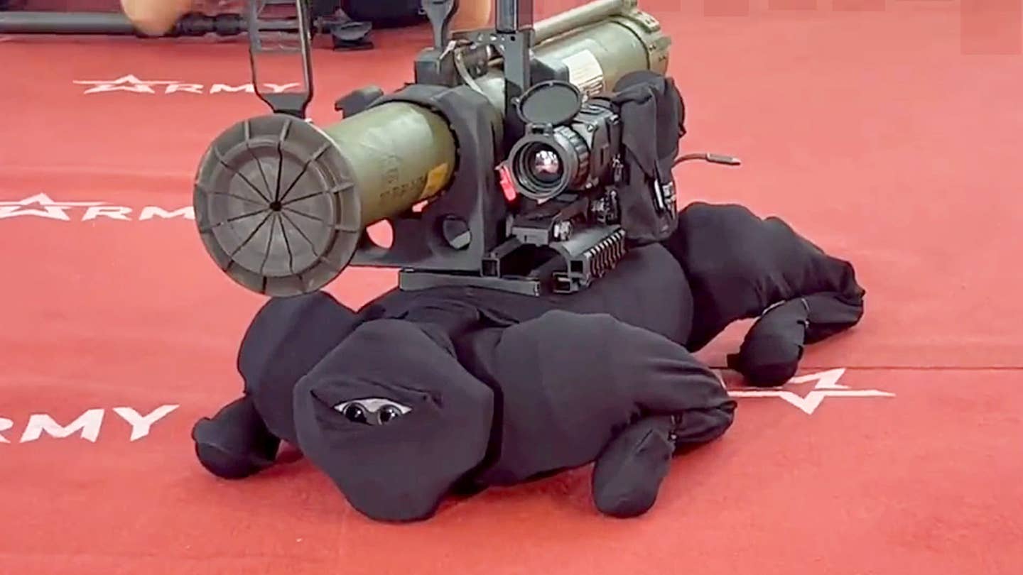 A robot dog armed with an RPG-26 anti-tank rocket launcher at the Army 2022 exhibition in Russia.