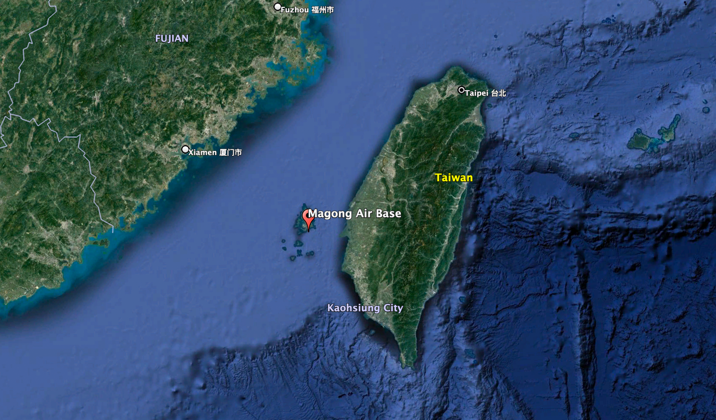 The location of Magong Air Base on Penghu island in relation to the Taiwan Strait and the mainland. <em>Google Earth</em>