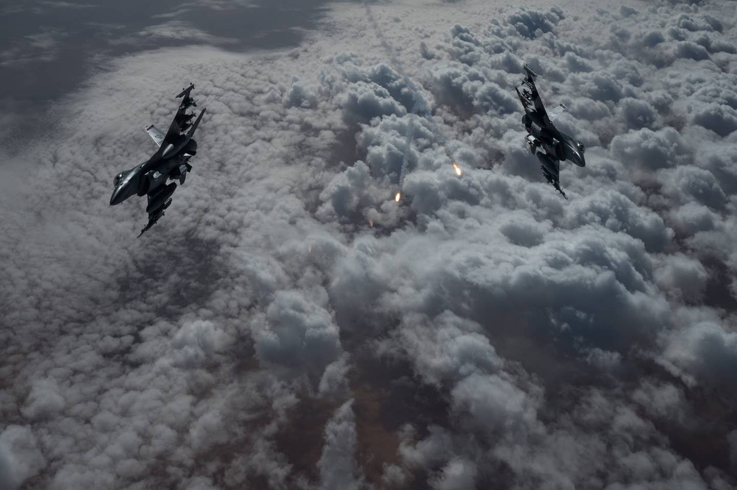 U.S. Air Force F-16 Fighting Falcons fly in the U.S. Central Command area of responsibility Dec. 17, 2020. <em>Credit: Staff Sgt. Sean Carnes/U.S. Air Force</em>